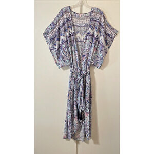 VICTORIA'S SECRET Women's LARGE Kimono ROBE Waterfall Hem Tassel Waist Tie BLUE